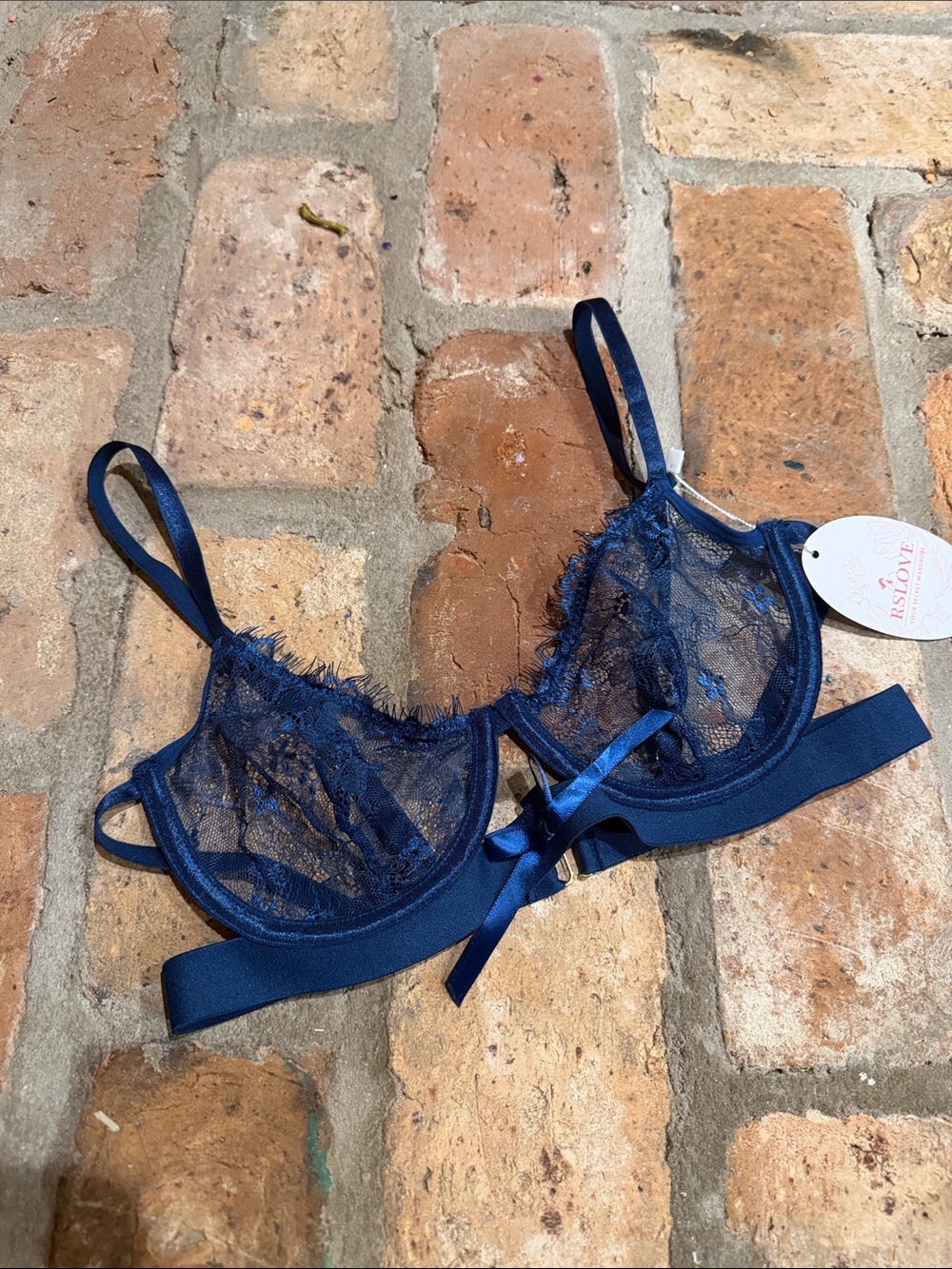 Sz Small Navy Sheer Lace Underwire Bra with Satin Bow